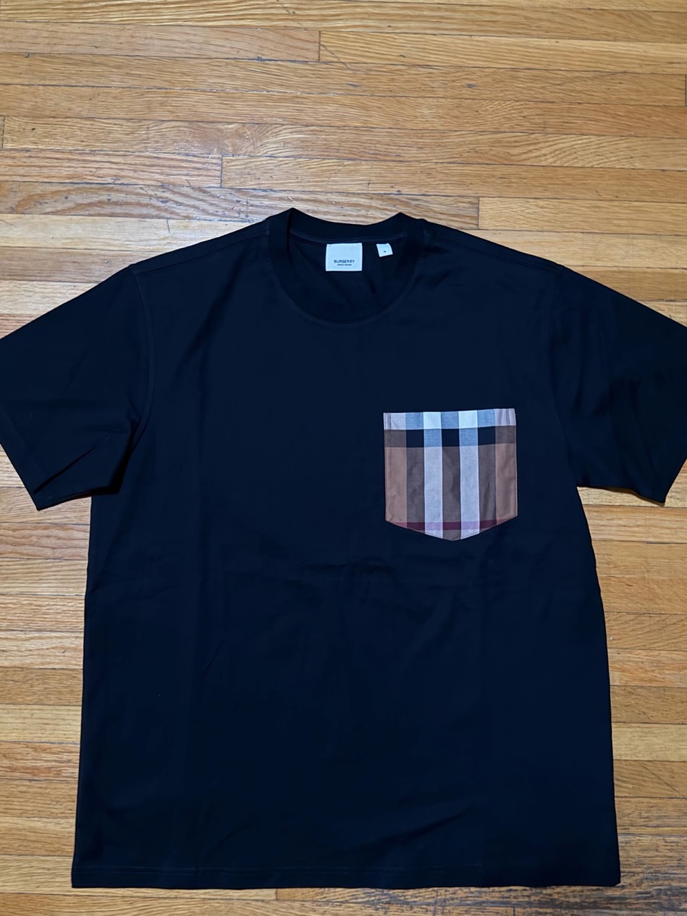 Burberry Men's Black Tee with Brown Plaid Pocket